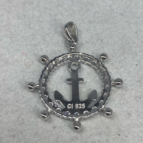 Sterling Silver Ships Wheel with Anchor Pendant with Cubic Zirconia - Picture 4 of 5
